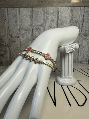 Gold Crystal Bracelet Set with Pink Clover Accents